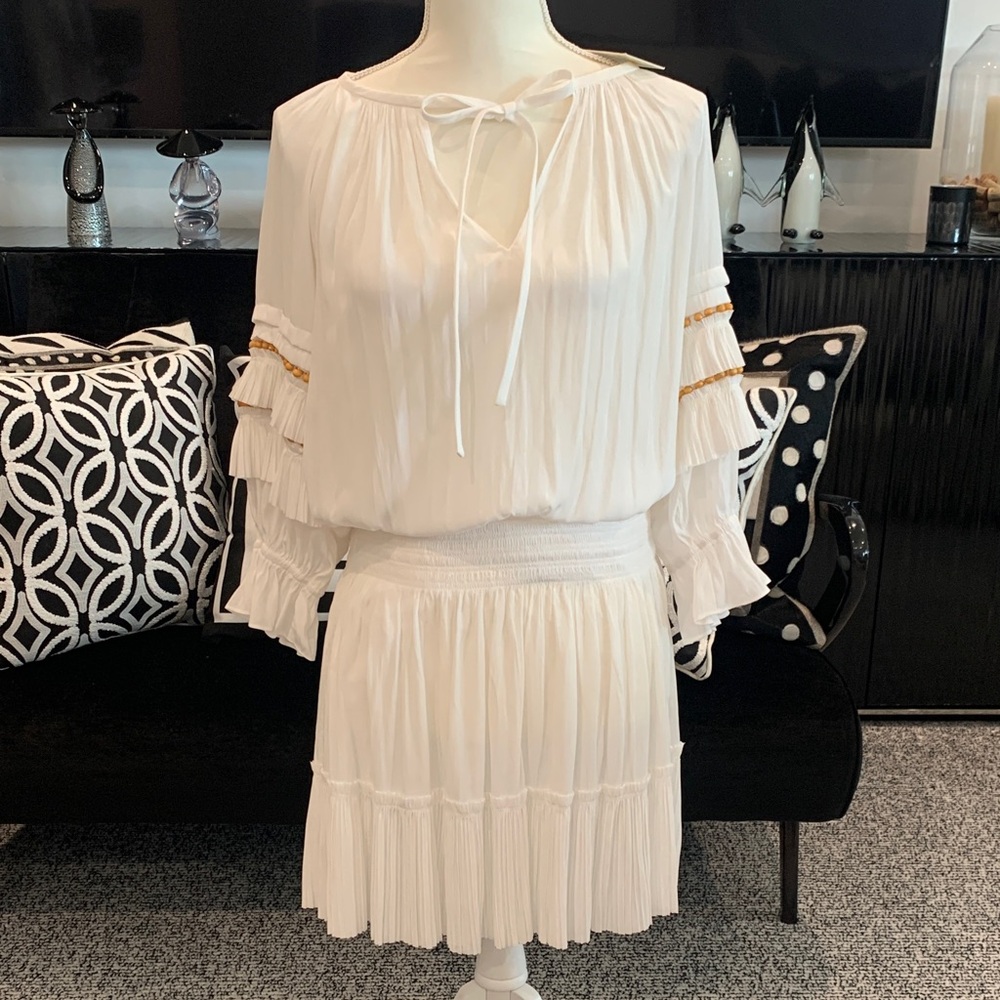 NWT.  Ramy  Brook White Pleated Tiered Boho Dress with Smocked Waist. Large